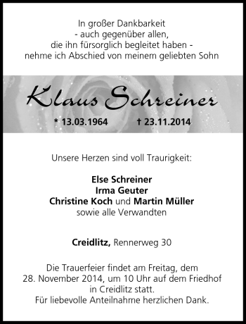 Traueranzeige von Klaus Schreiner von Neue Presse Coburg
