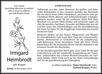 Traueranzeige von Irmgard heimbrodt von Südthüringer Presse
