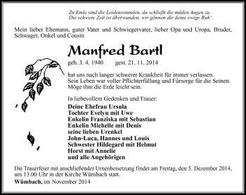 Traueranzeige von Manfred Bartel von Südthüringer Presse