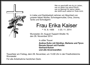 Traueranzeige von Erika Kaiser von Frankenpost