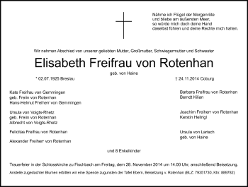 Traueranzeige von Elisabeth Freifrau von Rotenhan von Neue Presse Coburg