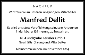 Traueranzeige von Manfred Dellith von Südthüringer Presse
