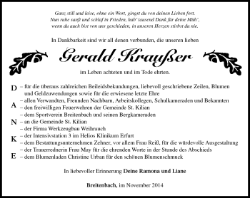 Traueranzeige von Gerhard Krauße von Südthüringer Presse