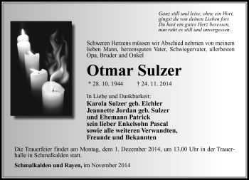 Traueranzeige von Otmar Sulzer von Südthüringer Presse
