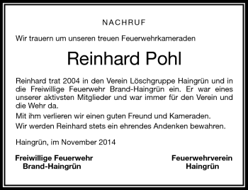 Traueranzeige von Reinhard Pohl von Frankenpost