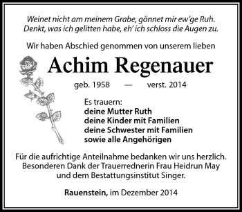 Traueranzeige von Achim Regenauer von Südthüringer Presse