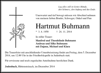 Traueranzeige von Hartmut Buhmann von Südthüringer Presse