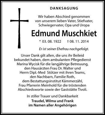 Traueranzeige von Edmund Muschkiet von Südthüringer Presse