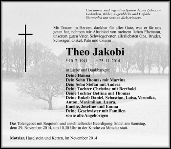 Traueranzeige von Theo Jakobi von Südthüringer Presse