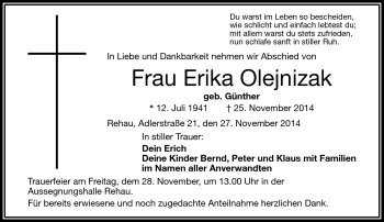 Traueranzeige von Erika Olejnizak von Frankenpost