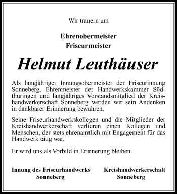 Traueranzeige von Helmut Leuthäuser von Südthüringer Presse