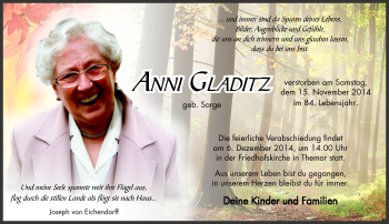 Traueranzeige von Anni Gladitz von Südthüringer Presse