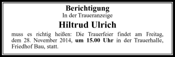 Traueranzeige von Hiltrud Ulrich von Südthüringer Presse