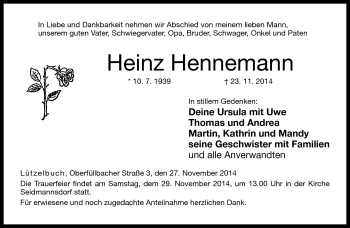 Traueranzeige von Heinz Hennemann von Neue Presse Coburg