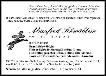 Traueranzeige von Manfred Schwäblein von Südthüringer Presse