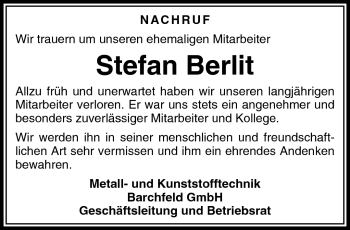 Traueranzeige von Stefan Berlit von Südthüringer Presse
