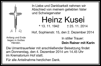 Traueranzeige von Heinz Kusei von Frankenpost