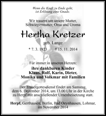 Traueranzeige von Hertha Kretzer von Südthüringer Presse