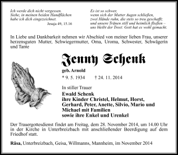 Traueranzeige von Jenny Schenk von Südthüringer Presse