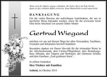 Traueranzeige von Gertrud Wiegand von Südthüringer Presse