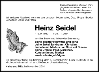 Traueranzeige von Heinz Seidel von Südthüringer Presse