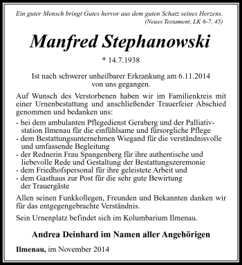 Traueranzeige von Manfred Stephanowski von Südthüringer Presse