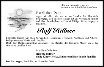 Traueranzeige von Rolf Hillner von Südthüringer Presse