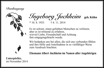 Traueranzeige von Ingeborg Juchheim von Südthüringer Presse