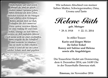 Traueranzeige von Helene Güth von Südthüringer Presse