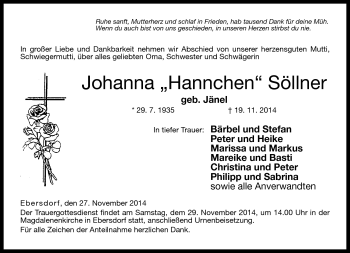 Traueranzeige von Johanna Söllner von Neue Presse Coburg