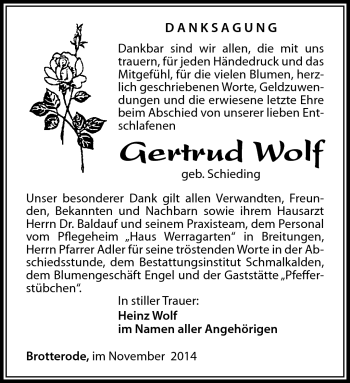 Traueranzeige von Gertrud Wolf von Südthüringer Presse