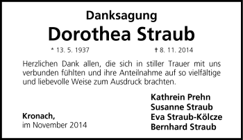 Traueranzeige von Dorothea Straub von Neue Presse Coburg