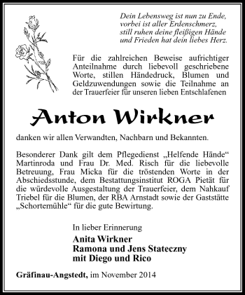 Traueranzeige von Anton Wirkner von Südthüringer Presse