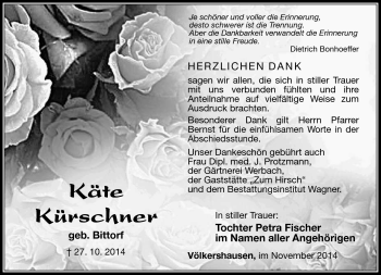 Traueranzeige von Käte Kürschner von Südthüringer Presse