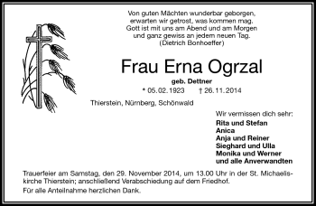 Traueranzeige von Erna Ogrzal von Frankenpost