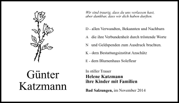 Traueranzeige von Günter Katzmann von Südthüringer Presse