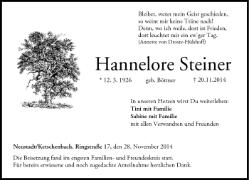 Traueranzeige von Hannelore Steiner von Neue Presse Coburg