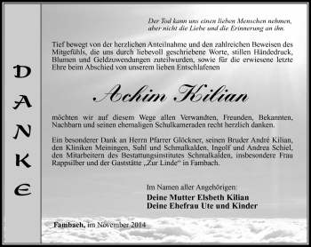 Traueranzeige von Achim Kilian von Südthüringer Presse