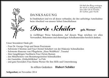 Traueranzeige von Doris Schüler von Südthüringer Presse