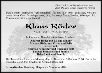 Traueranzeige von Klaus Röder von Südthüringer Presse