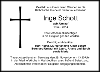 Traueranzeige von Inge Schott von Frankenpost