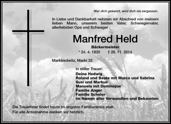 Traueranzeige von Manfred Held von Frankenpost