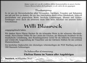Traueranzeige von Willi Blaurock von Südthüringer Presse