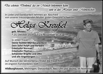 Traueranzeige von Helga Kreußel von Südthüringer Presse