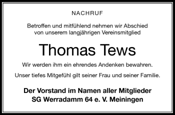 Traueranzeige von Thomas Tews von Südthüringer Presse