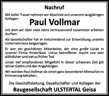 Traueranzeige von Paul Vollmar von Südthüringer Presse