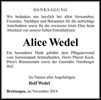 Traueranzeige von Alice Wedel von Südthüringer Presse