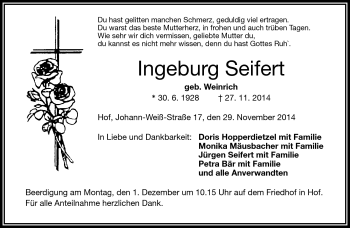 Traueranzeige von Ingeburg Seifert von Frankenpost