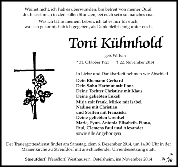 Traueranzeige von Toni Kühnhold von Südthüringer Presse