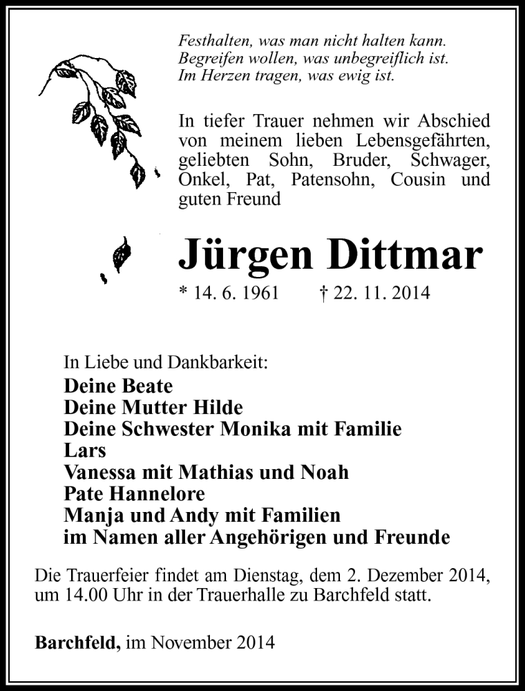  Traueranzeige für Jürgen Dittmar vom 28.11.2014 aus Südthüringer Presse